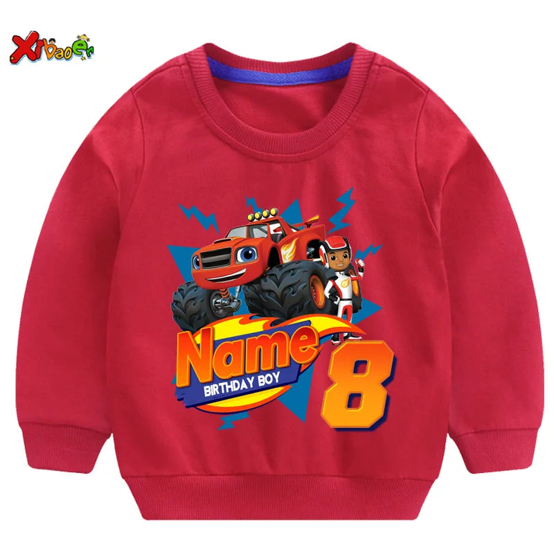 Children Clothes for Boys Sweatshirt Personalized Name Birthday Blaze Shirt Long T Shirt Girl Clothing Kids Toddler Fall Hoodie