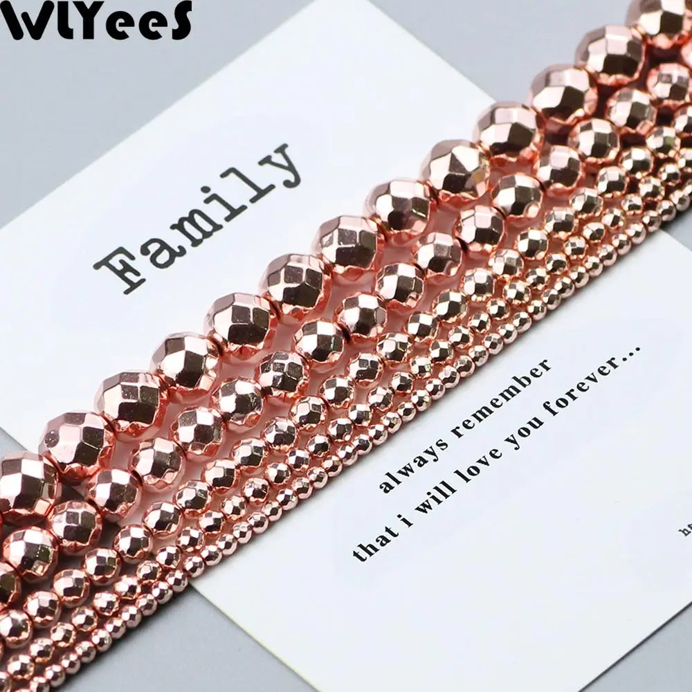 Silver Plated rose Gold Color Faceted Round Hematite bead 2 4 6 8 10mm stone loose Spacer bead for jewelry Making bracelet DIY