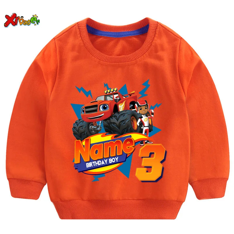 Children Clothes for Boys Sweatshirt Personalized Name Birthday Blaze Shirt Long T Shirt Girl Clothing Kids Toddler Fall Hoodie