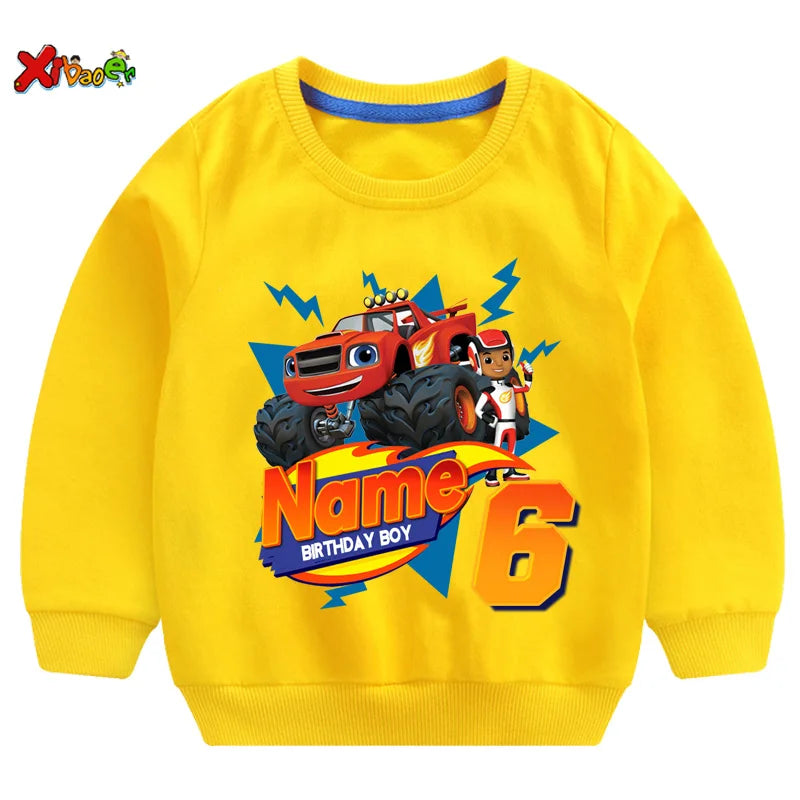 Children Clothes for Boys Sweatshirt Personalized Name Birthday Blaze Shirt Long T Shirt Girl Clothing Kids Toddler Fall Hoodie
