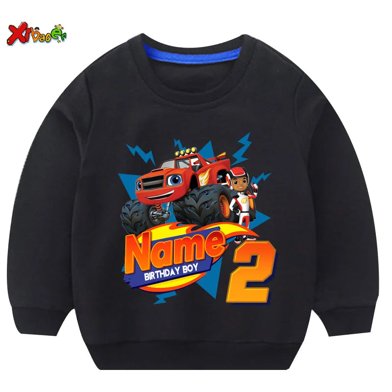 Children Clothes for Boys Sweatshirt Personalized Name Birthday Blaze Shirt Long T Shirt Girl Clothing Kids Toddler Fall Hoodie