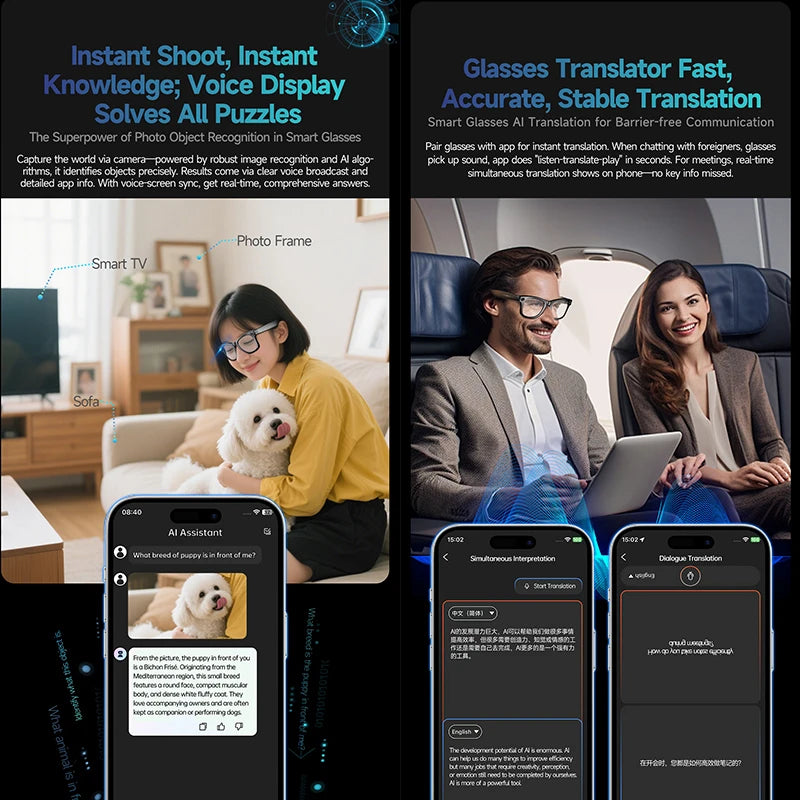 Smart AI Translation Smart Glasses Take Photos Recognizing Objects 4K Camera Bluetooth Music Call Intelligent Recording Glasses
