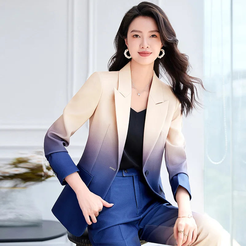 HIGH STREET Newest Fashion 2024 Designer Suit Set Women's Gradient Color Printed Single Button Blazer Flare Pants Suit