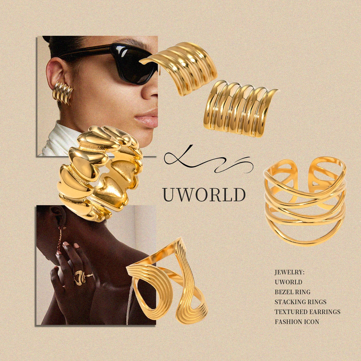 Uworld 5PCS Textured Earrings Heart-Shaped Linear Stacked Rings Gold Color Clothing Matching Jewelry As A Gift For Her ﻿