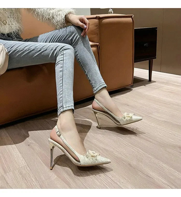 French Bride Gold Wedding Shoes for women Thin Heel Pointed Shallow Mouth Flower Rhinodrill High Heels Bao Head Fashion Sandals