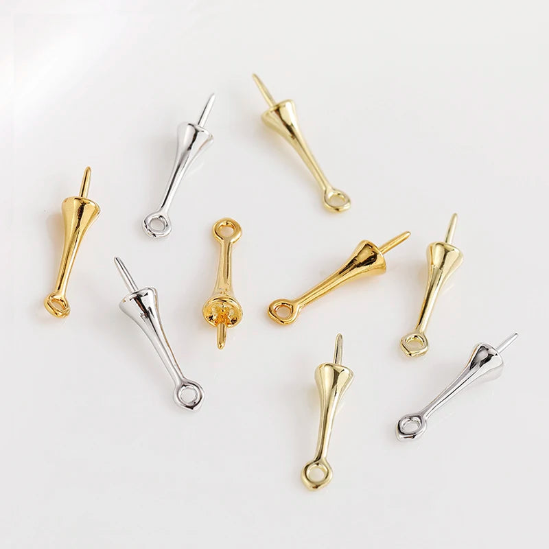 Gold Plated Brass Long Eye Pin Peg Bail with 6mm Bead Cap and Peg Pendant Bail,For Half Drilled Pearls,Earring Jewelry Making