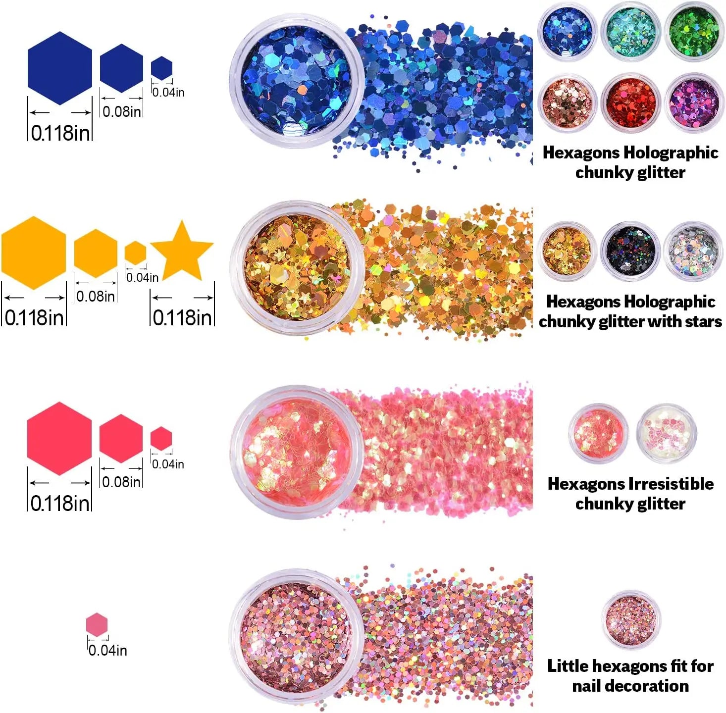 Holographic Glitter set 4 different shines Nail Sequins 10 grams each jar Holographic Cosmetic Festival Chunky Glitters Sequins