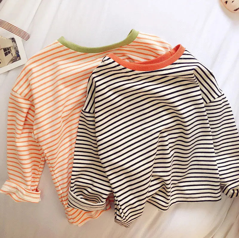 Boys and Girls T-shirt Long Sleeved Children's Base Shirt Spring and Autumn Pure Cotton Casual Versatile Striped Baby Top