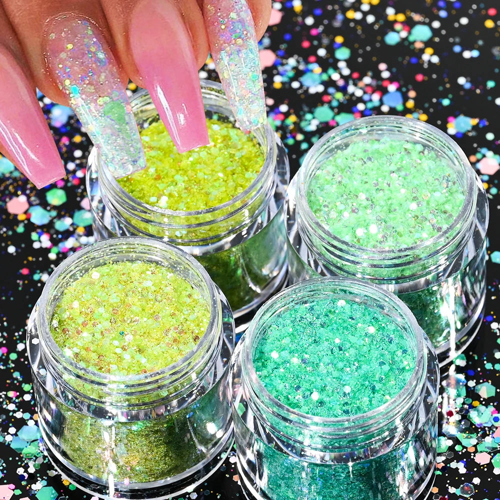 Holographic Glitter set 4 different shines Nail Sequins 10 grams each jar Holographic Cosmetic Festival Chunky Glitters Sequins