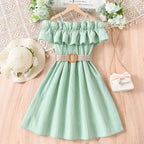 Prowow Girls Party Dresses With Belt 2pcs Trendy Ruffles Off Shoulder Dress For Girls Kids Clothes Teenagers Dresses Girls