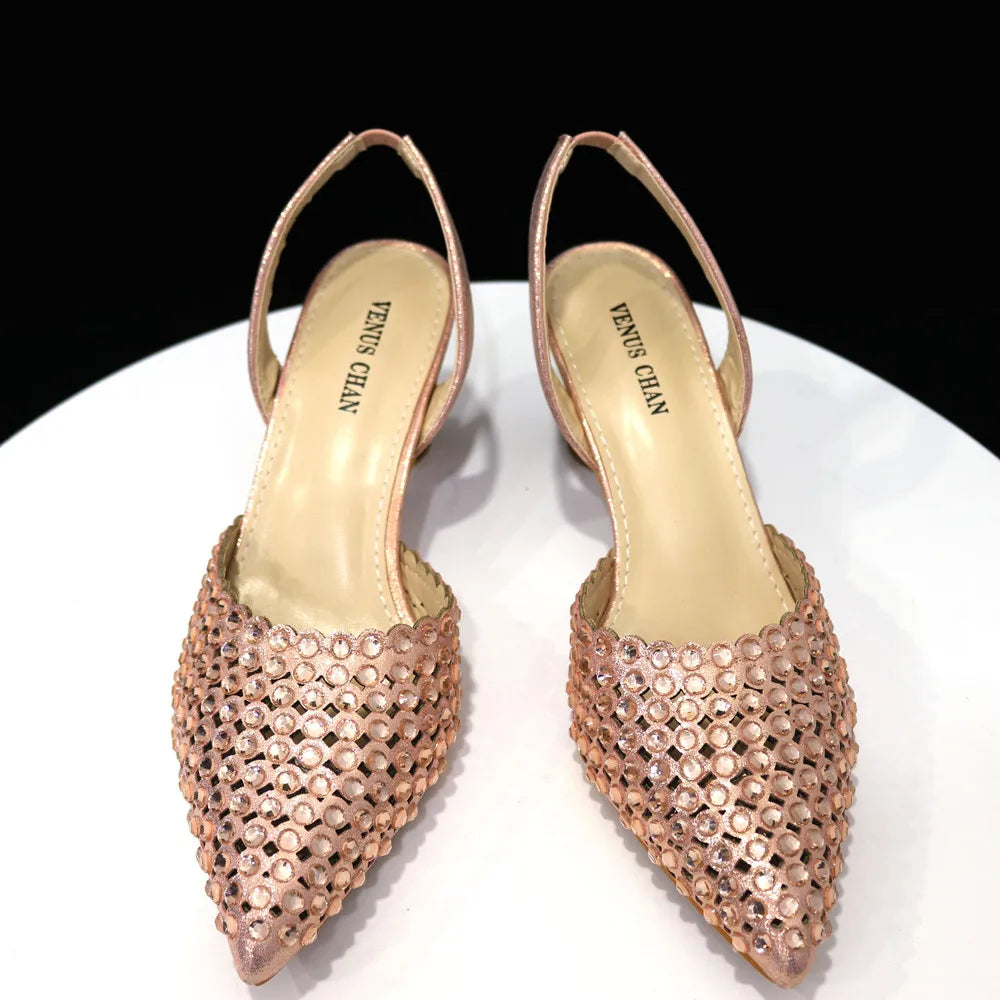 Venus Chan Pointed Toe Heels for Women 2023 Elegant Party Wine Color Full Diamond Pumps Italian Shoes and Bags Matching Set