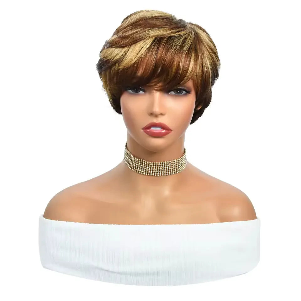 Highlight Wig Human Hair Short Pixie Cut Highlighted Human Hair Wigs for Women 4/27# Colored Machine Made Wigs  Layered Wavy Wig