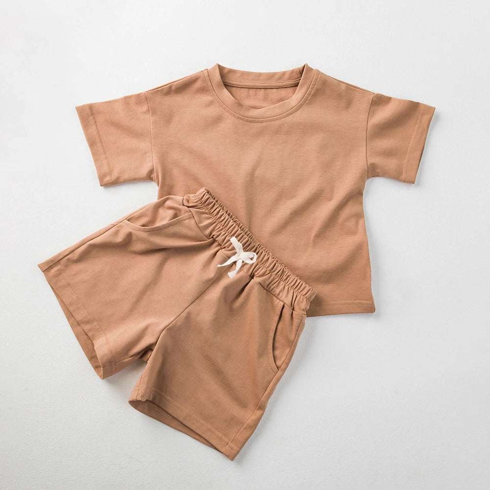 Toddler Boy Girl Casual Outfits Cotton Short Sleeves+Shorts 2pcs Clothes Sets Solid O-neck Baby Boy Clothes 1-6Y Children Suits