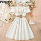 Prowow Girls Party Dresses With Belt 2pcs Trendy Ruffles Off Shoulder Dress For Girls Kids Clothes Teenagers Dresses Girls