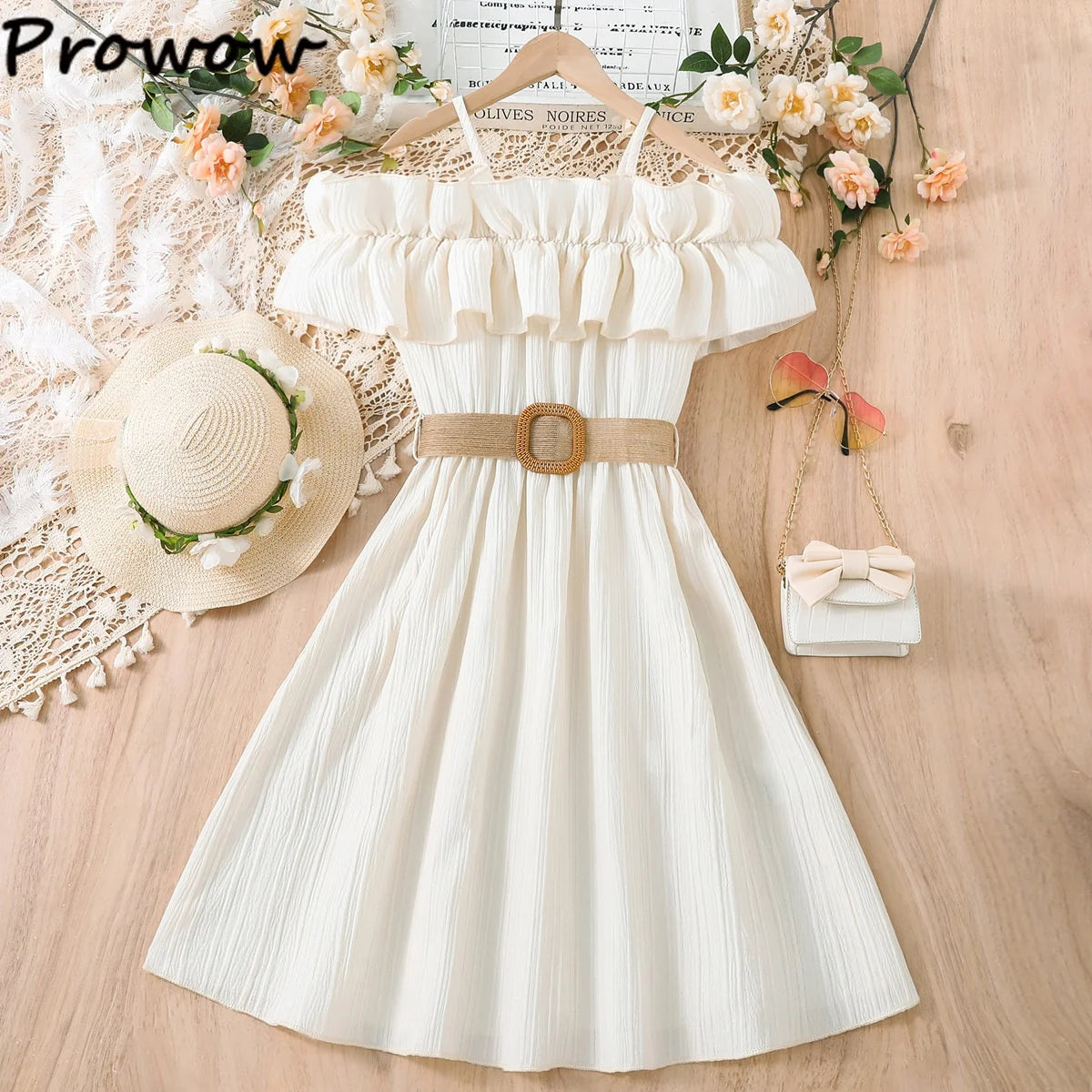 Prowow Girls Party Dresses With Belt 2pcs Trendy Ruffles Off Shoulder Dress For Girls Kids Clothes Teenagers Dresses Girls