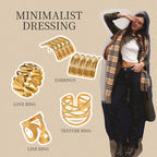 Uworld 5PCS Textured Earrings Heart-Shaped Linear Stacked Rings Gold Color Clothing Matching Jewelry As A Gift For Her ﻿