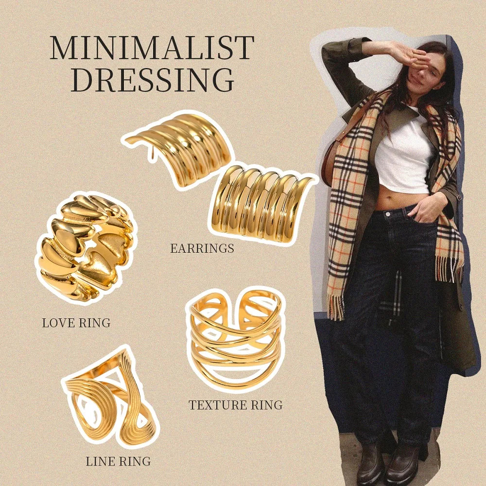 Uworld 5PCS Textured Earrings Heart-Shaped Linear Stacked Rings Gold Color Clothing Matching Jewelry As A Gift For Her ﻿
