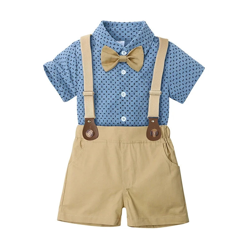 2PCS Baby Infant Boy Clothes Set Print Short  Sleeve with Bow+Shoulder Strap Pant Birthday for Kid 0-10 Years Gentleman Suit