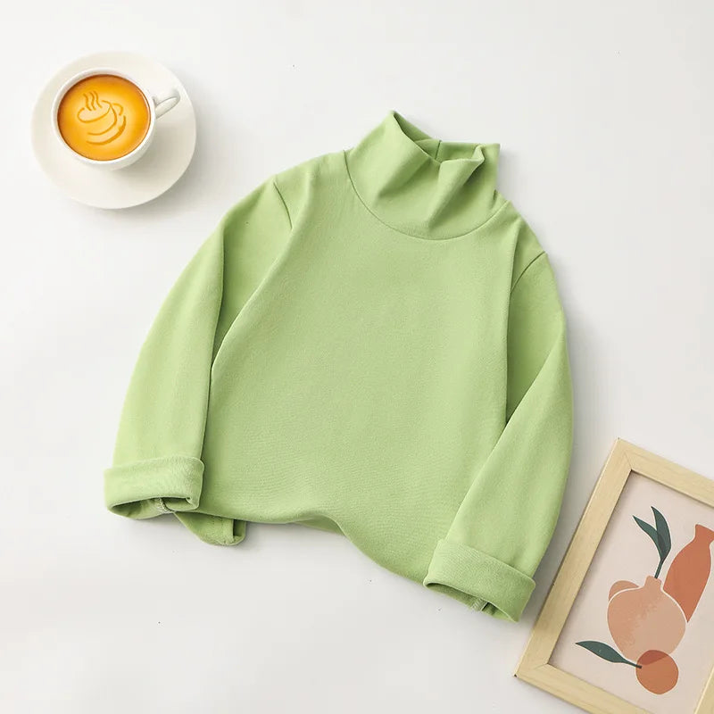1pcs Children T-Shirt Cute Cartoon Solid Top Baby Korean Clothing Kids Half High Collar Long Sleeve Base Shirt Girls Boys Tshirt