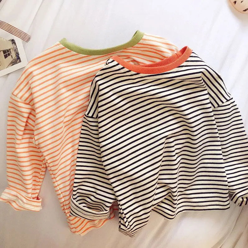 Boys and Girls T-shirt Long Sleeved Children's Base Shirt Spring and Autumn Pure Cotton Casual Versatile Striped Baby Top