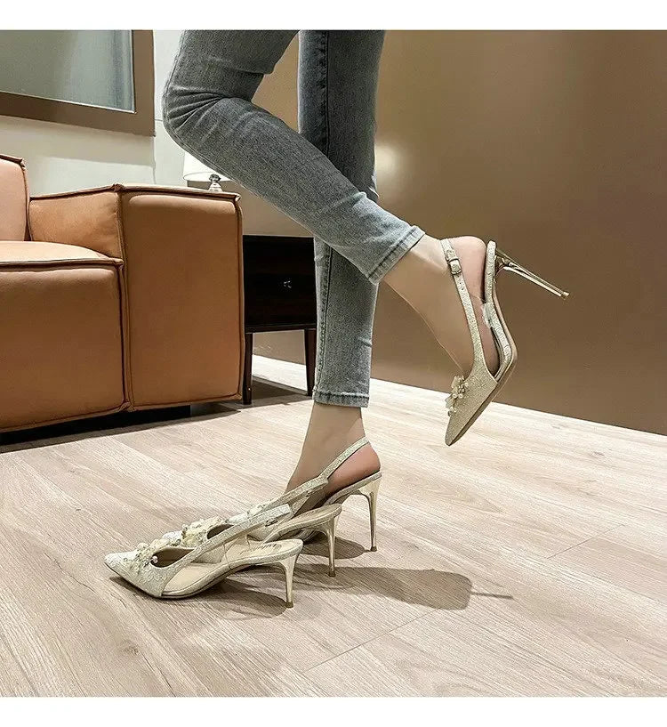 French Bride Gold Wedding Shoes for women Thin Heel Pointed Shallow Mouth Flower Rhinodrill High Heels Bao Head Fashion Sandals
