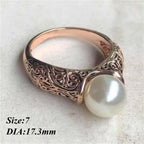 Charm Gift Vintage Carved White Pearl Ring Jewelry Yellow Gold Plated 14K