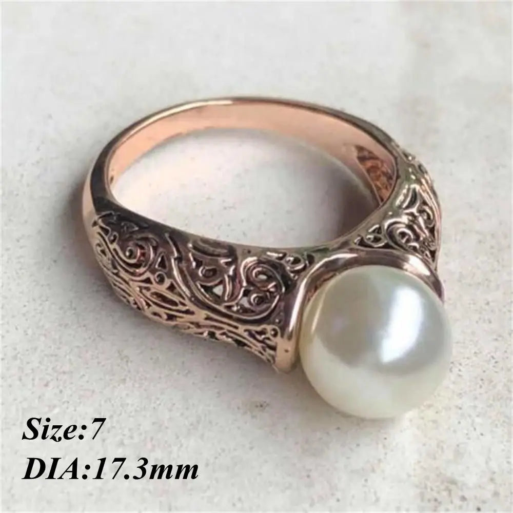 Charm Gift Vintage Carved White Pearl Ring Jewelry Yellow Gold Plated 14K