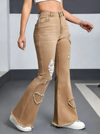 2026 Spring New Arrival Women's Pink Jeans, Blue Heart-Pattern Decorated Stretch Denim Trousers, Fashionable Flared Long Pants.
