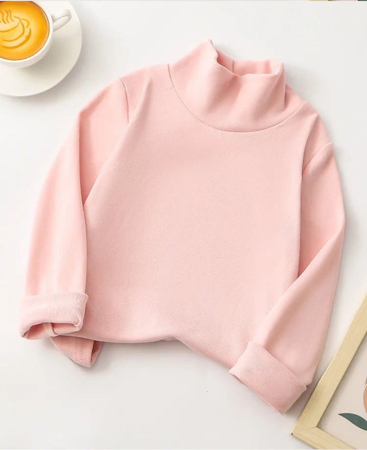 1pcs Children T-Shirt Cute Cartoon Solid Top Baby Korean Clothing Kids Half High Collar Long Sleeve Base Shirt Girls Boys Tshirt