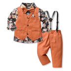Children's Autumn Boy Suit 70-140cm Flower Shirt and Strap Pants with Vest and Bow Tie Handsome Suit Halloween Orange Color