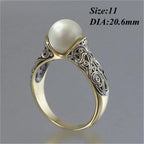 Charm Gift Vintage Carved White Pearl Ring Jewelry Yellow Gold Plated 14K
