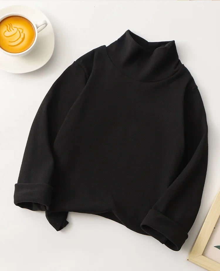 1pcs Children T-Shirt Cute Cartoon Solid Top Baby Korean Clothing Kids Half High Collar Long Sleeve Base Shirt Girls Boys Tshirt