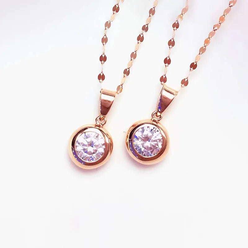585 Purple Gold Shining Gemstone Round Pendant Plated 14K Rose Gold glossy Simple necklaces chain collar Banquet jewellery women