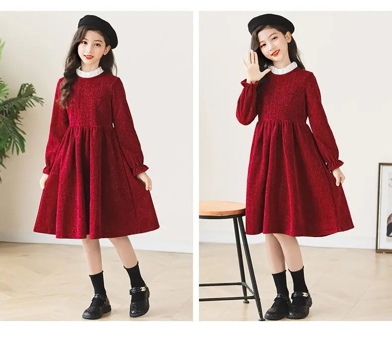2026 winter spring Europe French Kids Baby girl clothes red long sleeve party princess Dress teenager new 4 8 9 10 14 12 year