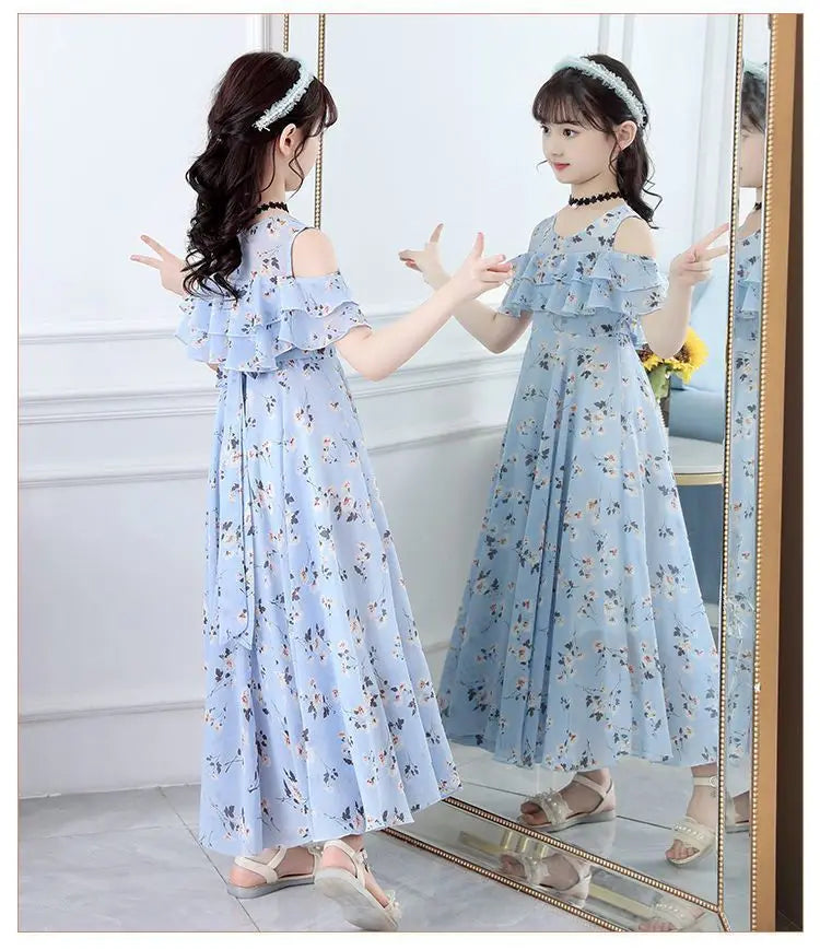 2025 fashion new Summer Teenager Girl Princess Kids Dresses Sleeveless Floral Vestidos Clothes mesh costume 6 8 9 10 12 14 Year