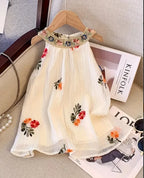 Summer New Arrival: Bohemian-Style Halter Neck Embroidered Dress Floral Embroidered Mesh Layered Sleeveless Dress for Girls Cute