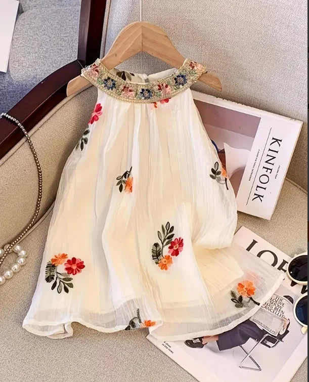 Summer New Arrival: Bohemian-Style Halter Neck Embroidered Dress Floral Embroidered Mesh Layered Sleeveless Dress for Girls Cute