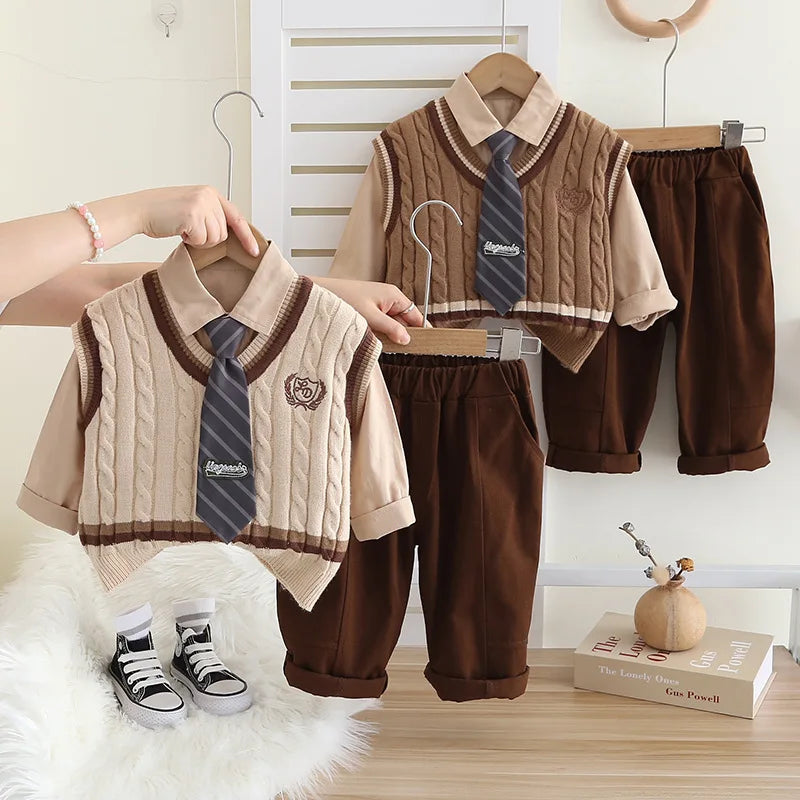 Children Boy Clothes Sets Autumn High Quality Fashion Knitted Vest Shirt+Pants 3pc Suits Kids Boys College Style Casual Clothing