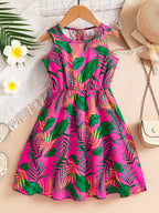 Trendy and Gorgeous Summer Dresses for Girls, Little Girls' Leaf-Printed Round-Neck Button-Back Sleeveless Dresses, Girls' Everyday Simple, Comfortable, Casual, Soft, Versatile, Youthful and Energetic Children's Clothing, Gir