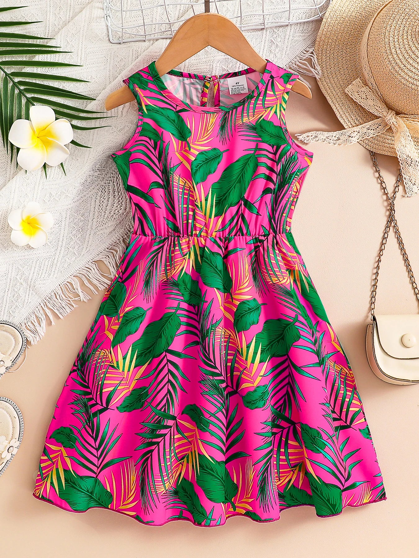 Trendy and Gorgeous Summer Dresses for Girls, Little Girls' Leaf-Printed Round-Neck Button-Back Sleeveless Dresses, Girls' Everyday Simple, Comfortable, Casual, Soft, Versatile, Youthful and Energetic Children's Clothing, Gir