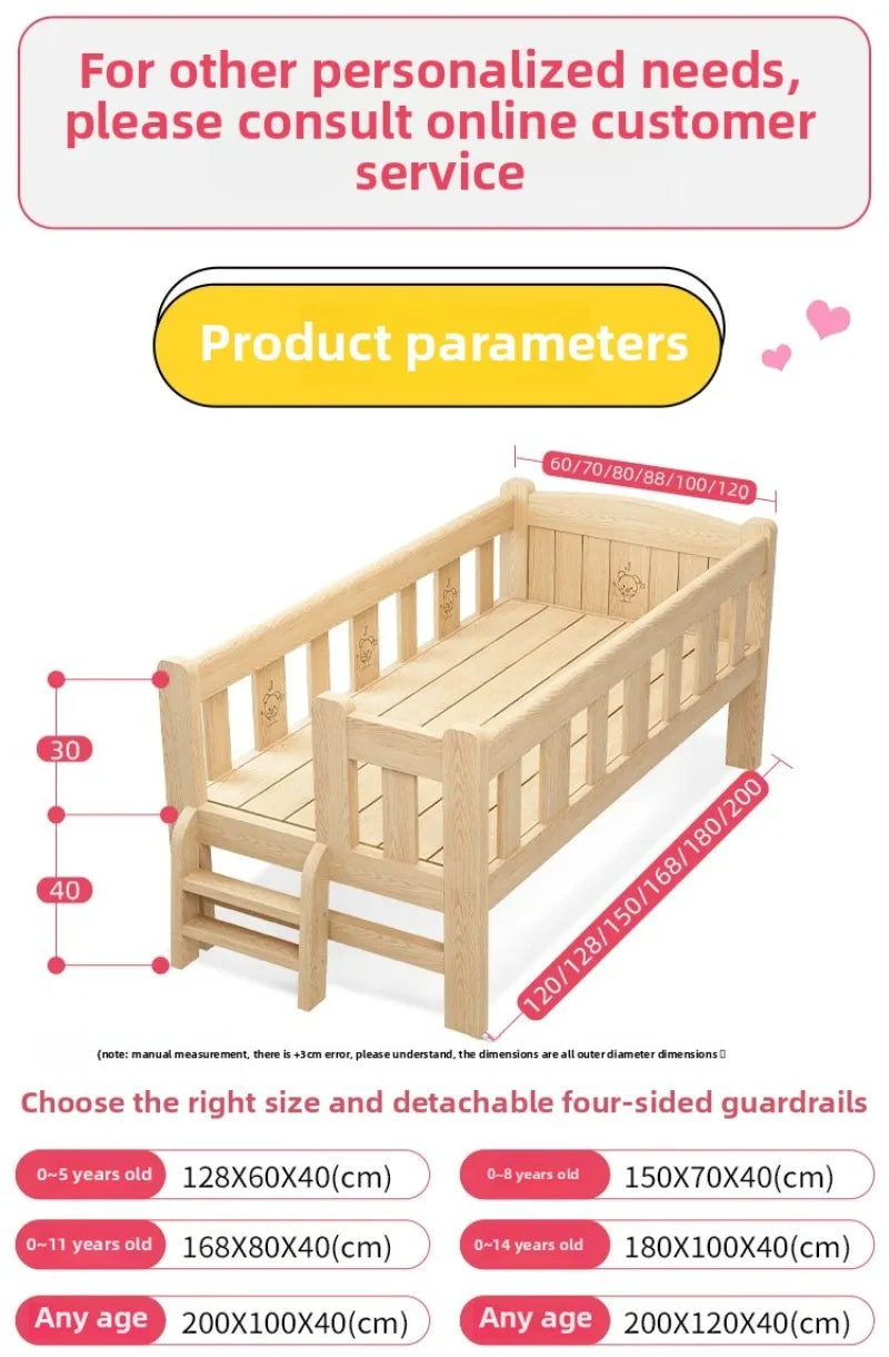 Solid Wood Children's Bed, Boy's Single Bed, with Guardrail, Girl's Princess Bed, Widened and Connected, Customizable