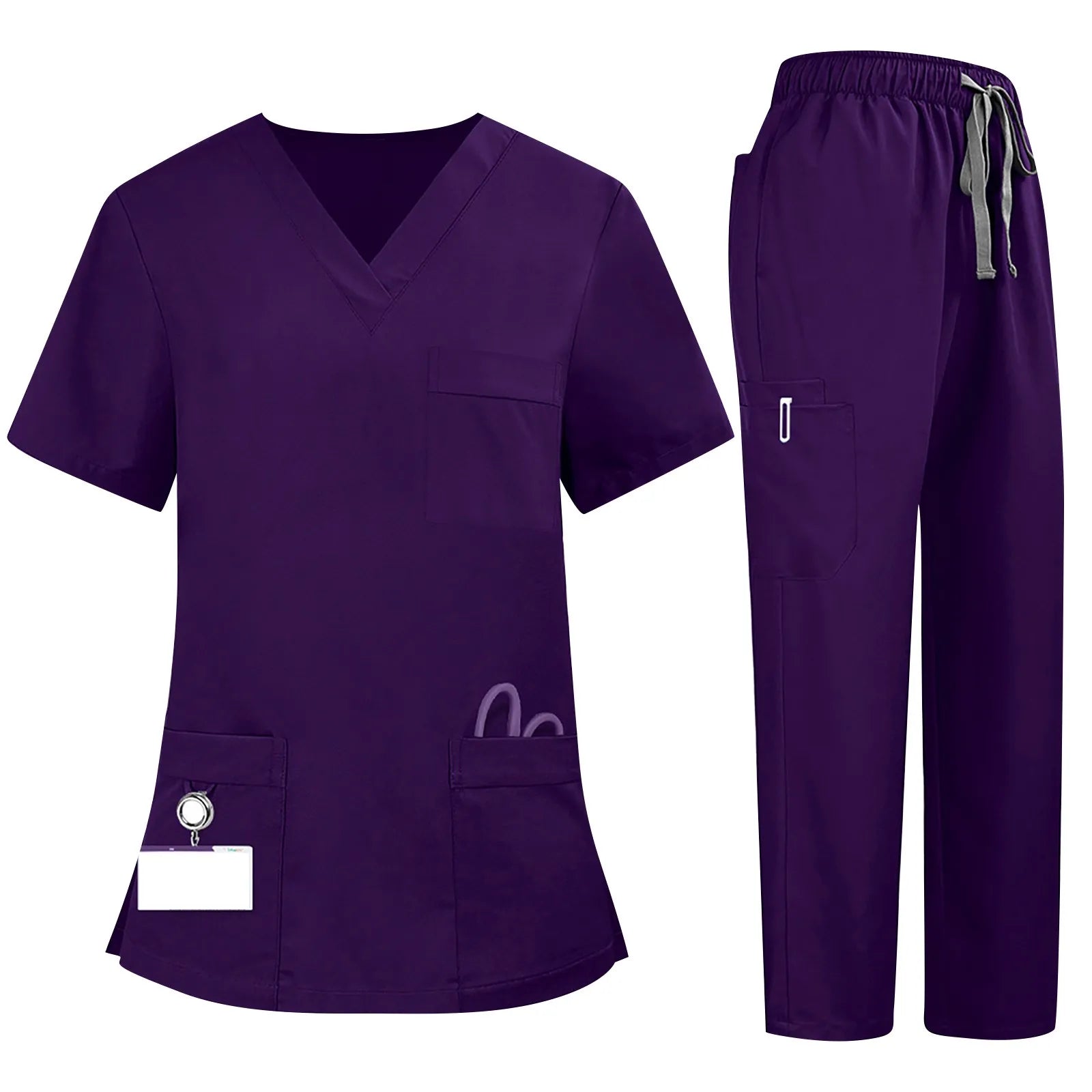 Plus Size Women'S Nurse Uniform Quick-Drying Fabric Solid Color V-Neck Pocket Short-Sleeved Trousers Suit Nursing Uniform Suit
