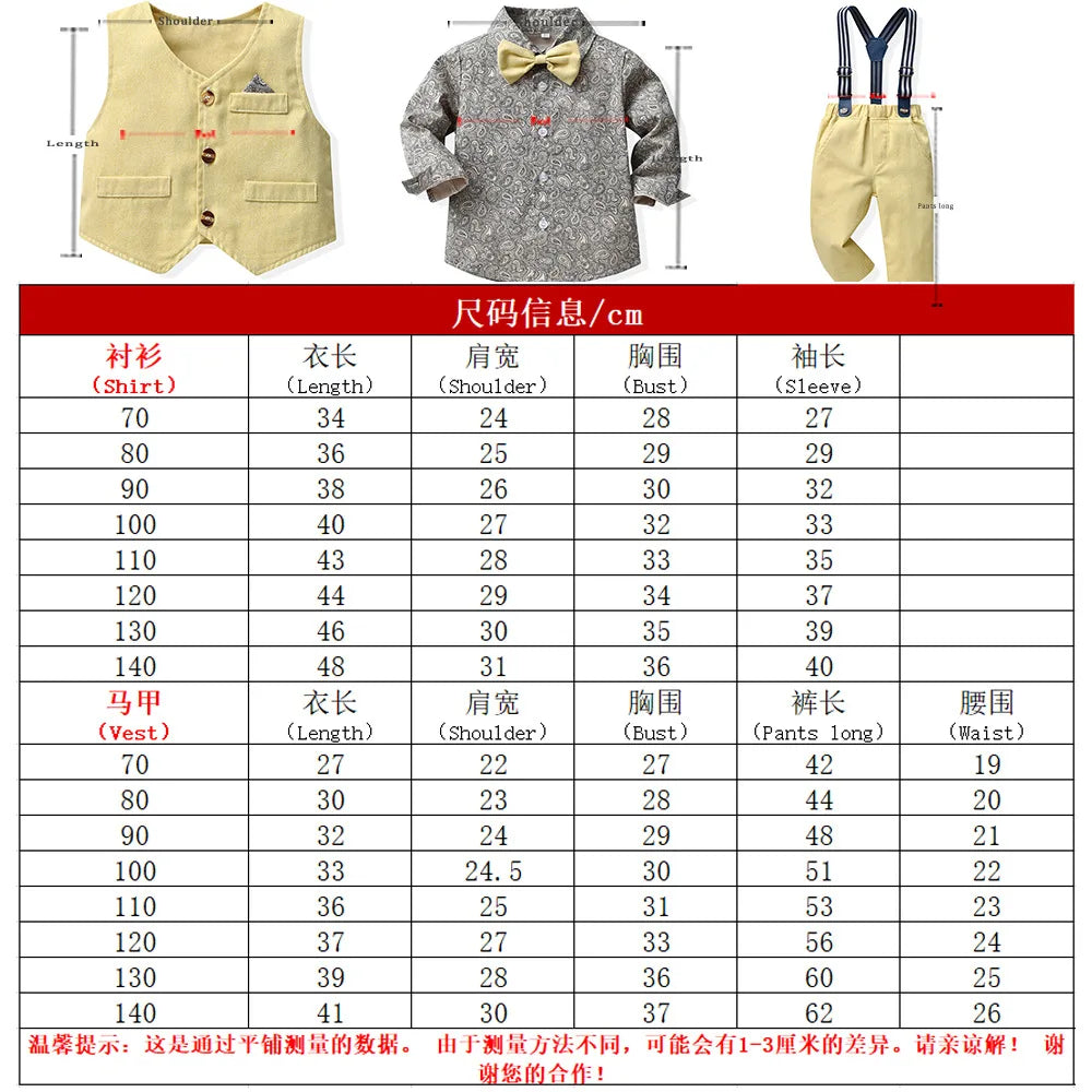 Children's Autumn Boy Suit 70-140cm Flower Shirt and Strap Pants with Vest and Bow Tie Handsome Suit Halloween Orange Color