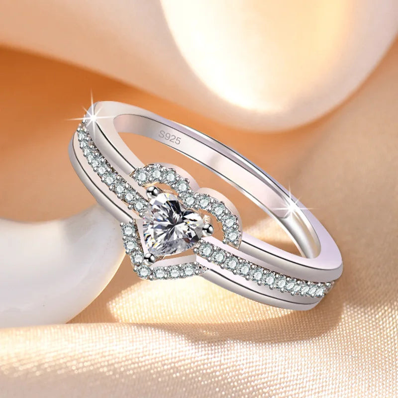 Hot 925 Sterling Silver Heart Ring Sparkle Zircon High Quality For Women Wedding Fine Jewelry Accessories Party Gift