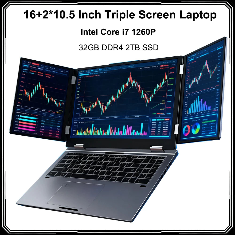 16+2*10.5 Inch Triple Screen Laptop Intel Core I5 12450H 32GB RAM 2TB Notebook Fingerprint/Face Recognition Unlocking Office PC
