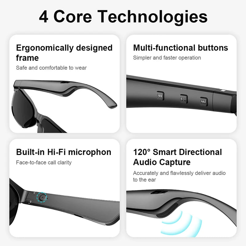 Smart Glasses AI Wireless Glasses With Wireless Speakers HD Call Bluetooth Music Earphones Sports Glasses Black Sunglasses