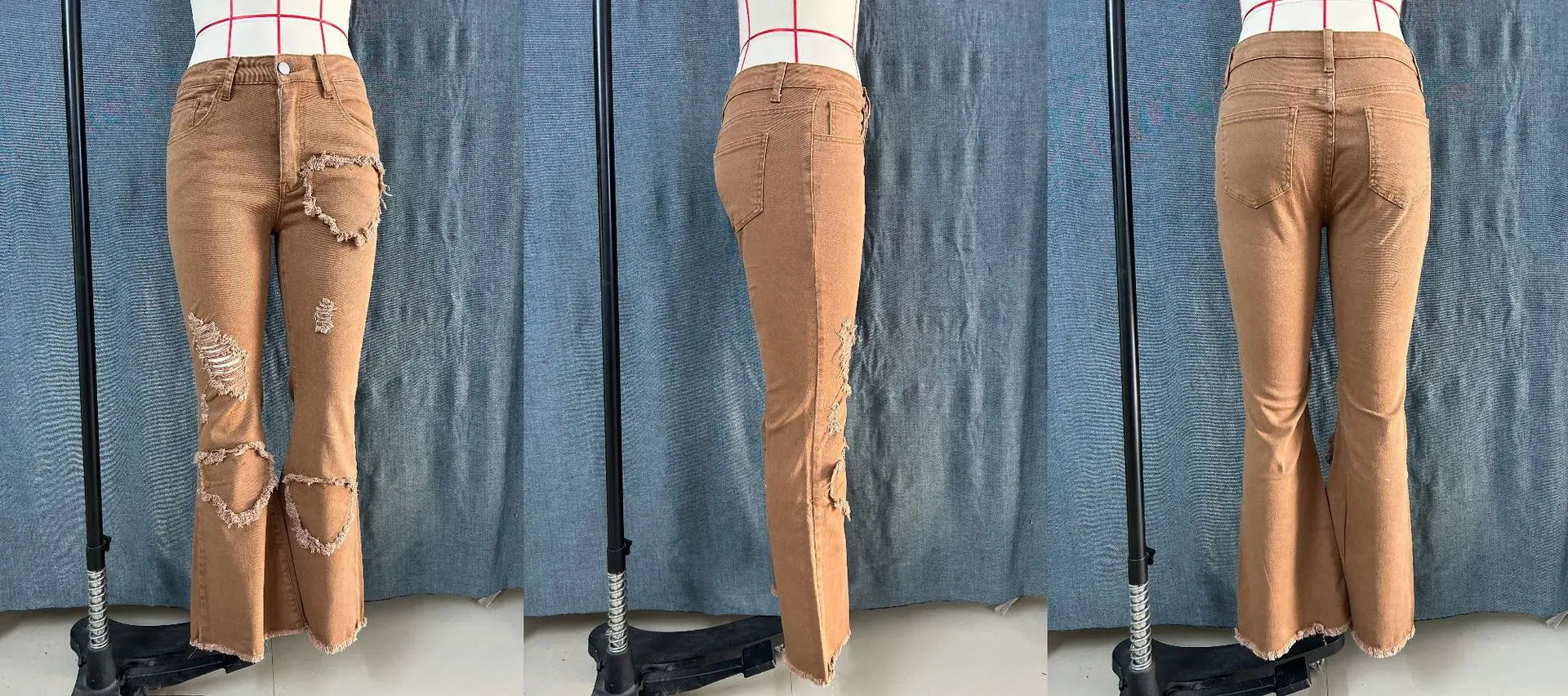 2026 Spring New Arrival Women's Pink Jeans, Blue Heart-Pattern Decorated Stretch Denim Trousers, Fashionable Flared Long Pants.