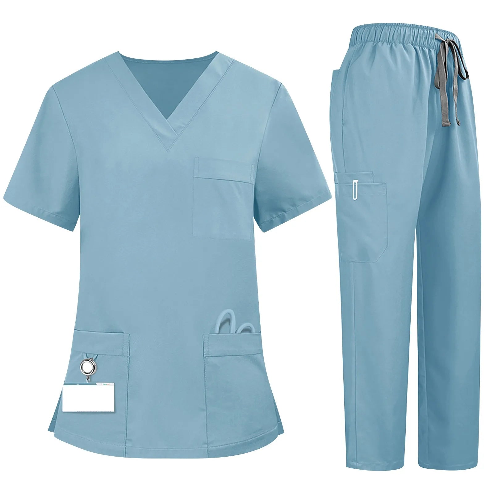 Plus Size Women'S Nurse Uniform Quick-Drying Fabric Solid Color V-Neck Pocket Short-Sleeved Trousers Suit Nursing Uniform Suit