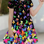 3-14 year old girl butterfly small fresh 3D printed short sleeved dress loose and comfortable party dress