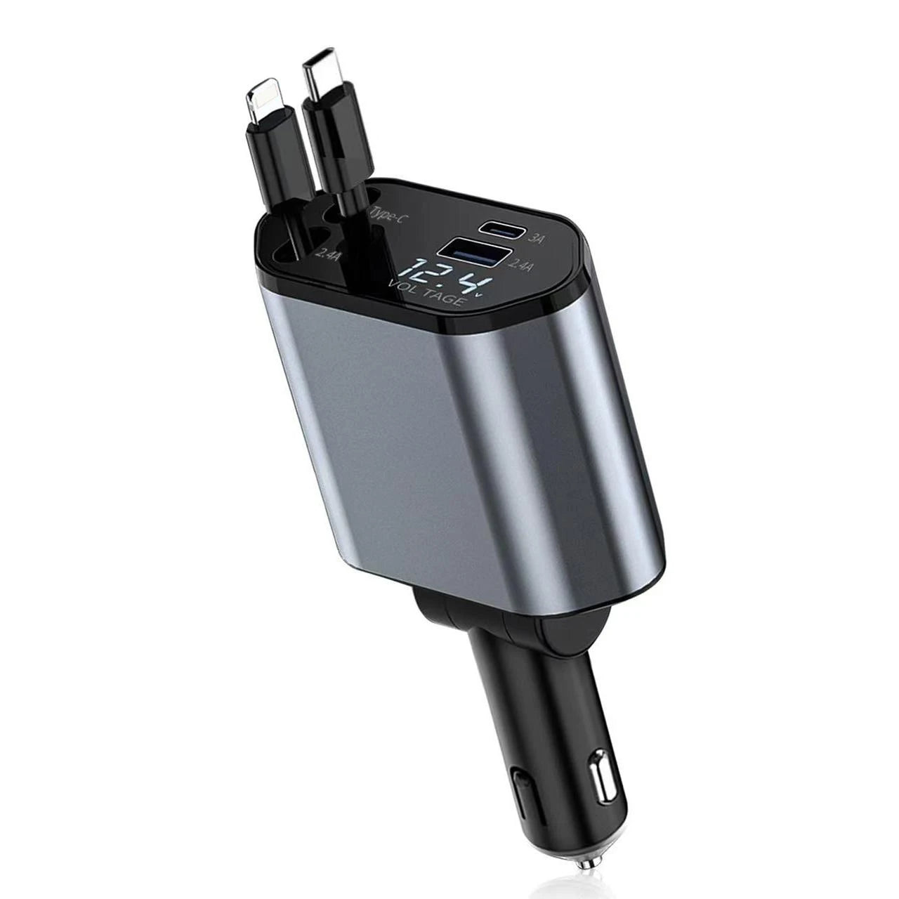 4-in-1 Retractable Car Phone Charger -Max 100W Quick Charge  and USB, Type-C Port for Phone 8-16 Series Android Smart Devices